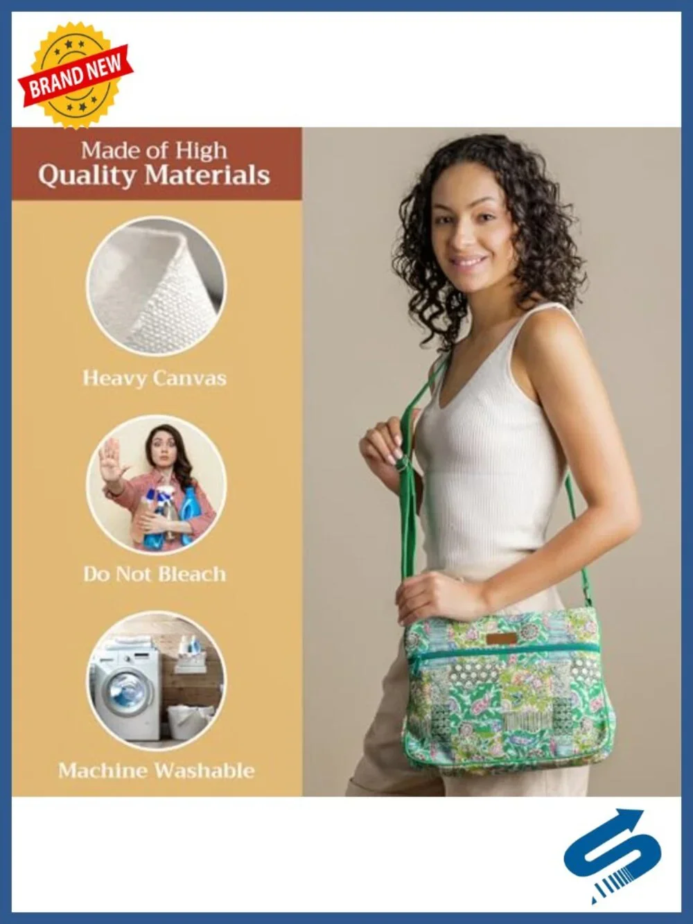 Cotton Canvas Crossbody Bag with Zip Top, Adjustable Strap, Lightweight Travel